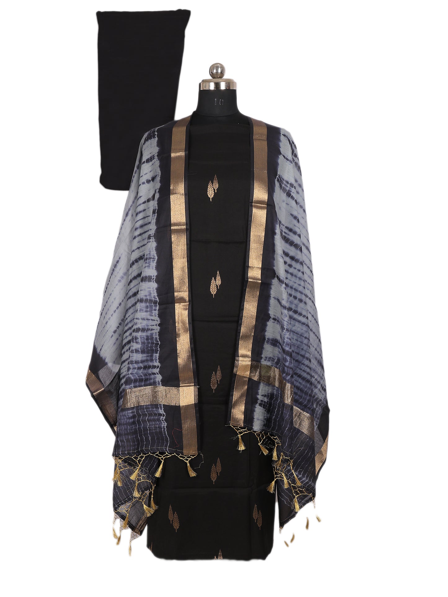 Banarasi Chanderi cotton suit with stitched pant featuring elegant black kurta and stylish dupatta.