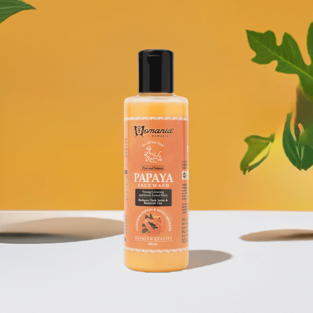 Papaya Facewash bottle on a bright background showcasing its Ayurvedic glow and tan removal properties.