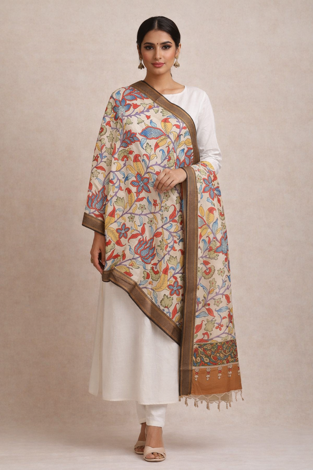 Pen Kalamkari Hand Painted Bangalore Silk Dupatta- Ivory