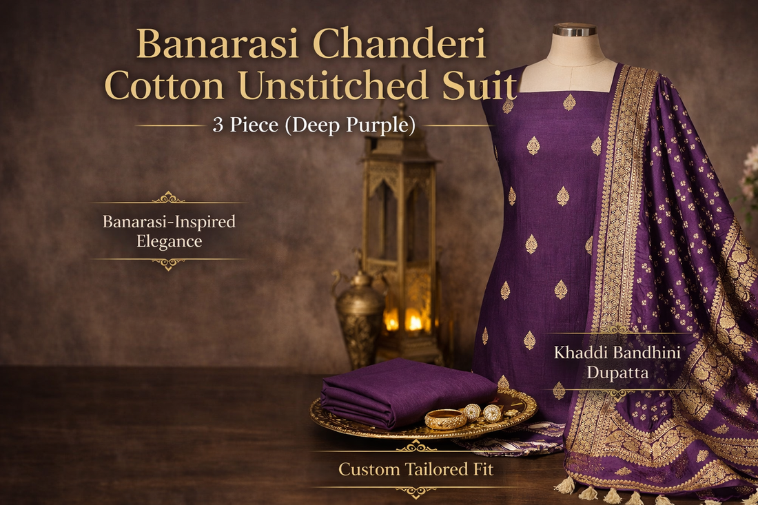 Banarasi Chanderi Cotton Unstitched Suit Deep Purple – Premium Festive Ethnic Wear for Women