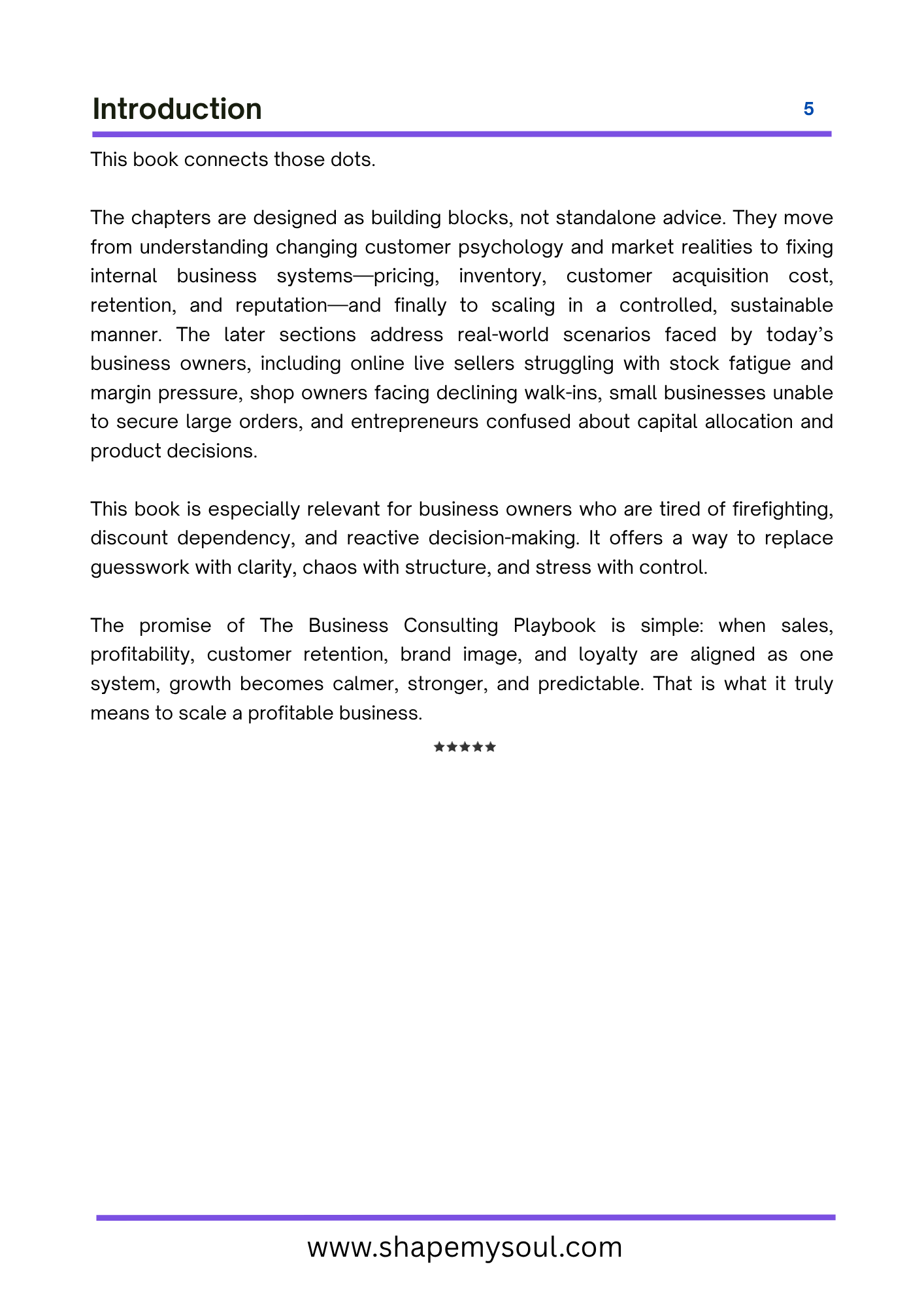 Introduction page of the Business Growth & Profit Scaling Guide by Shape My Soul, highlighting key topics and insights.