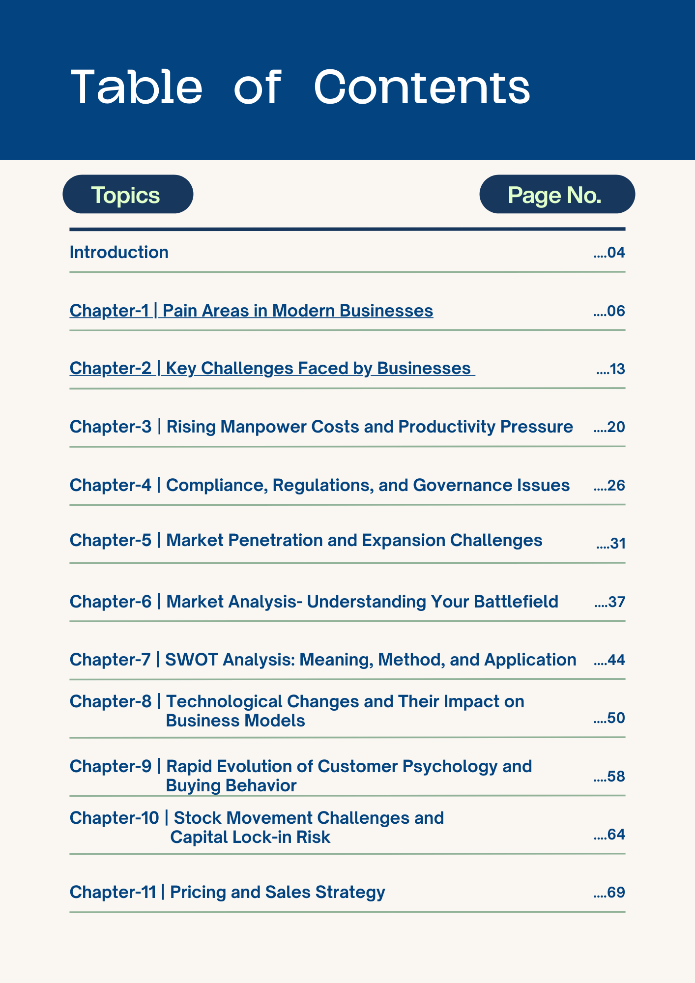 Table of Contents for the Business Growth & Profit Scaling Playbook, highlighting key chapters and topics.