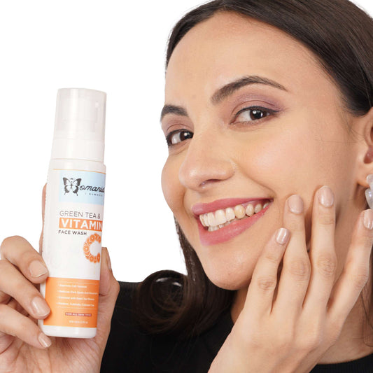 Vitamin C face wash in a bottle with green tea, designed for skin rejuvenation and daily cleansing.