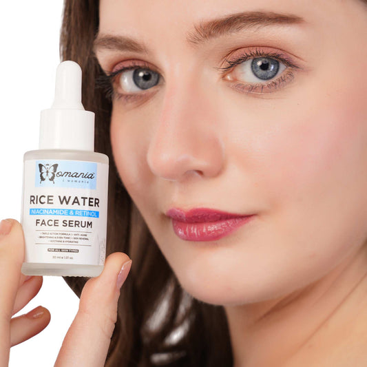 Retinol Face Serum with Rice Water in a 30 ml bottle for all skin types, featuring niacinamide for brighter skin.