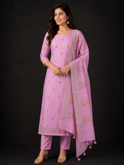 Mauve Premium Soft Chanderi Cotton 3 Piece Suit with Chanderi Dupatta | Elegant Ethnic wear for Women
