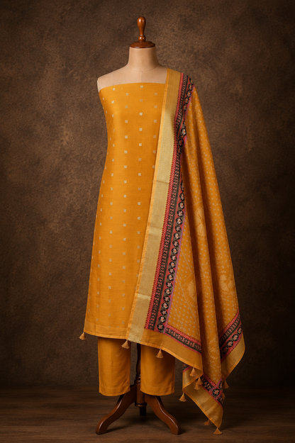 Premium Chanderi Silk 3 Piece Unstitched Suit with Zari Buti | Mustard Colour