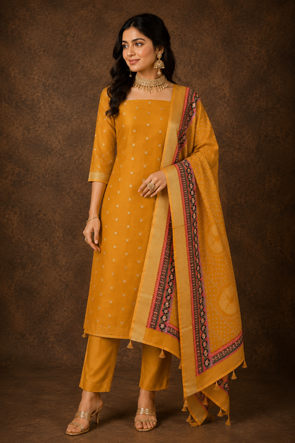 Premium Chanderi Silk 3 Piece Unstitched Suit with Zari Buti | Mustard Colour