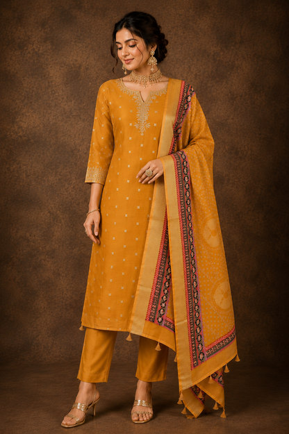Premium Chanderi Silk 3 Piece Unstitched Suit with Zari Buti | Mustard Colour