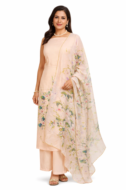 Hand painted cambric cotton unstitched suit – 3 piece in light peach with floral motifs, perfect for casual and semi-formal wear.