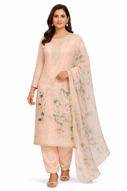 Hand painted cambric cotton unstitched suit in light peach with delicate floral motifs.