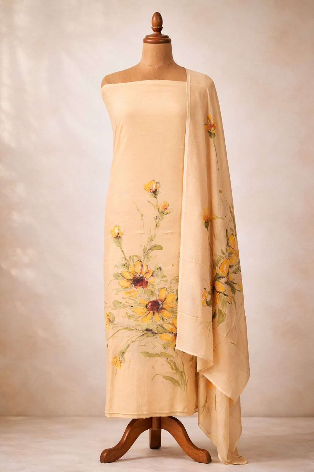 Hand painted muslin suit in light peach and beige with floral design on elegant mannequin.