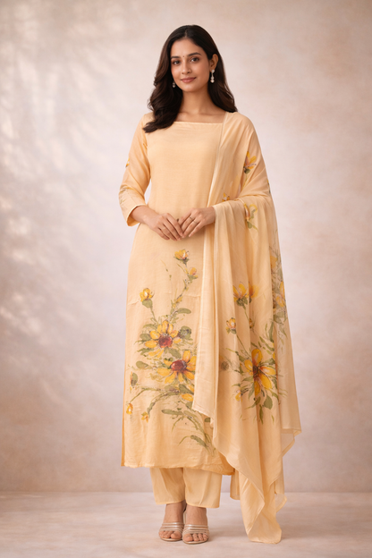 Hand painted muslin suit in light peach with floral design, perfect for casual and festive occasions.