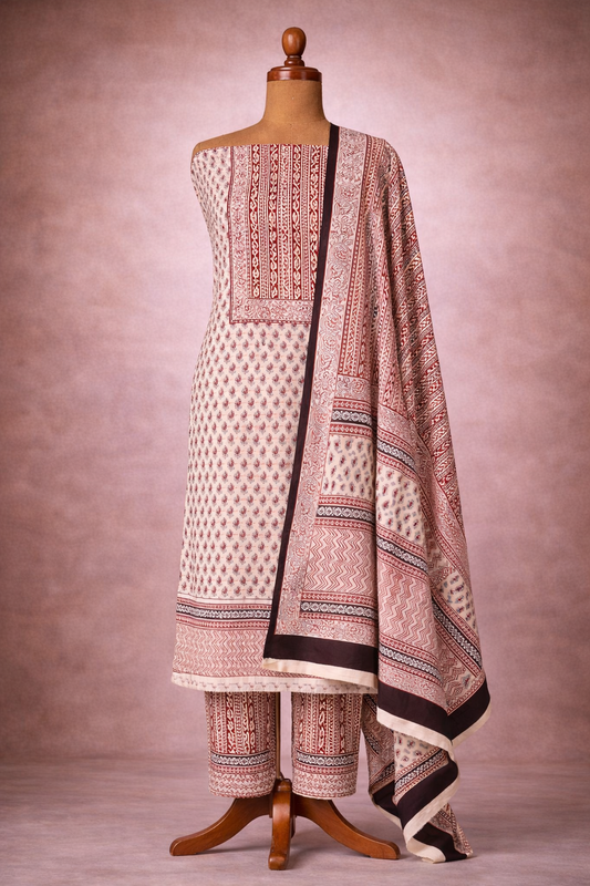 Bagh Handblock Print Cotton Unstitched Suit 3 Piece (Blush Ivory)