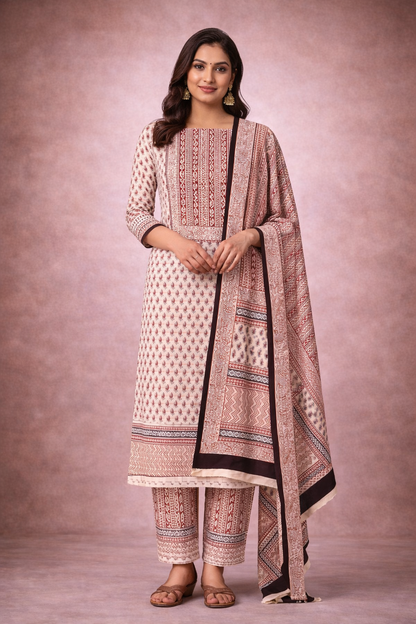 Bagh Handblock Print Cotton Unstitched Suit 3 Piece (Blush Ivory)