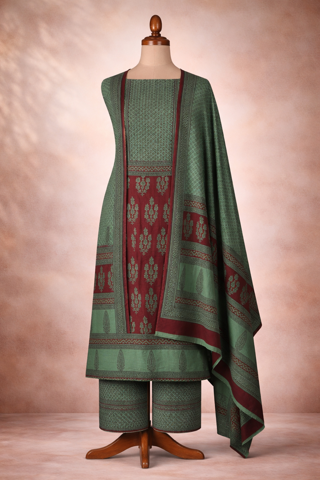 Luxury Sage Green Bagh Hand Block Printed Cotton Suit Set (3 Piece)