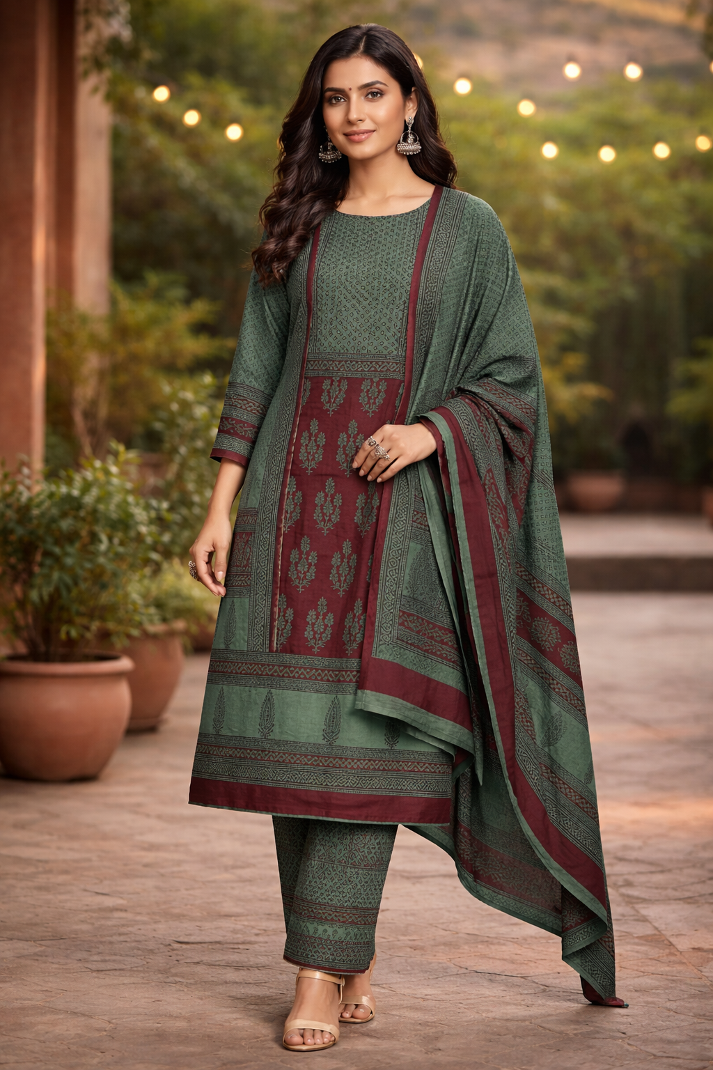 Woman wearing a green and red traditional outfit with a matching dupatta in an outdoor setting.
