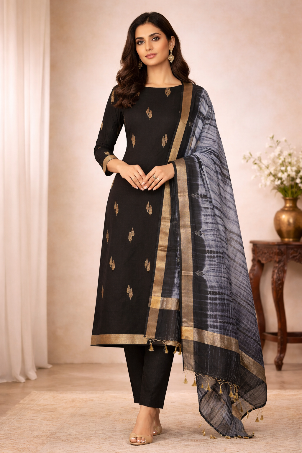 Banarasi Chanderi cotton suit with stitched pant in black, featuring gold motifs and a matching dupatta.