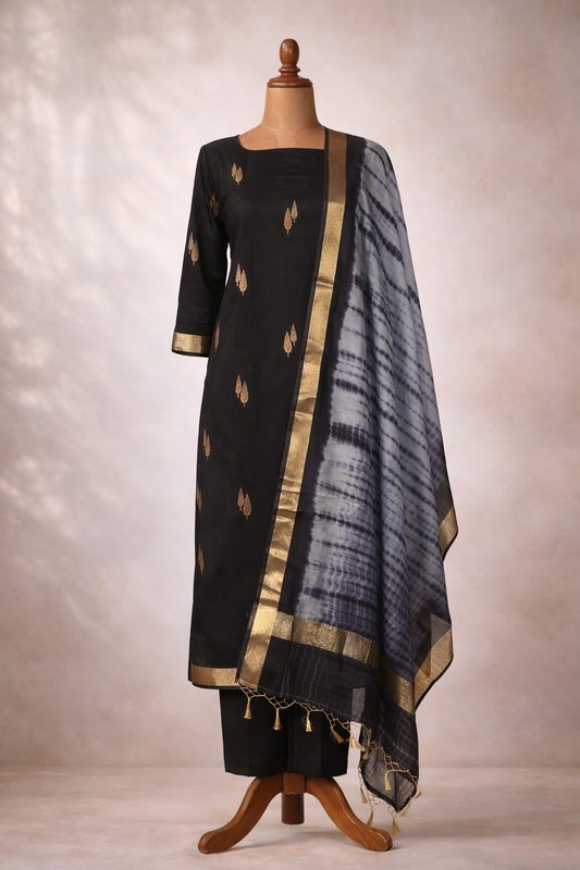 Banarasi Chanderi cotton suit with stitched pant in black with gold motifs and a stylish dupatta.