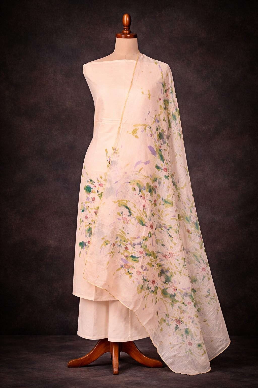 Hand Painted Cambric Cotton Unstitched Suit – 3 Piece in Light Peach with floral motifs draped elegantly.