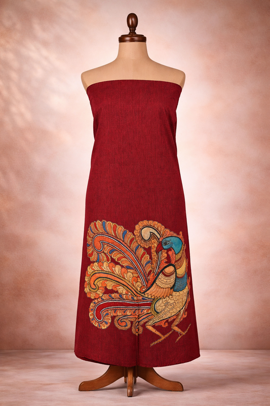 Mangalagiri Cotton Unstitched Kurti with Bangalore Silk Applique Work - Maroon