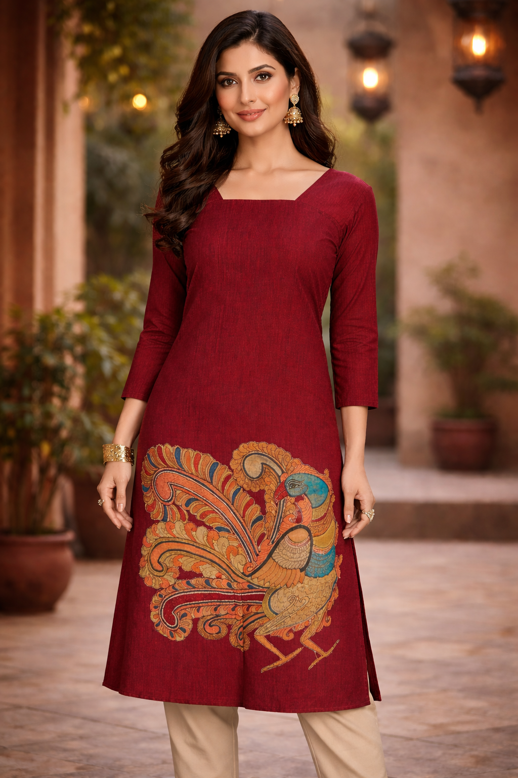 Mangalagiri Cotton Unstitched Kurti with Bangalore Silk Applique Work - Maroon