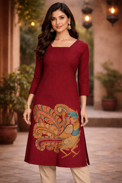 Mangalagiri Cotton Unstitched Kurti with Bangalore Silk Applique Work - Maroon
