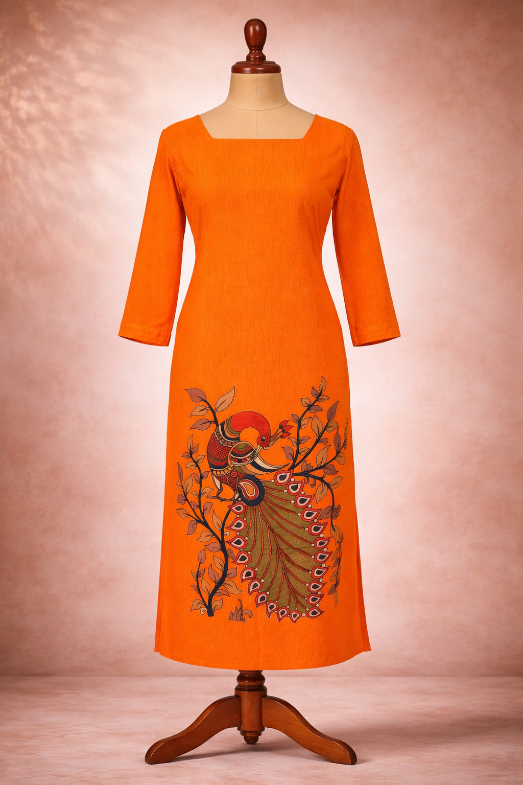 Mangalagiri Cotton Unstitched Kurti with Bangalore Silk Applique Work - Orange