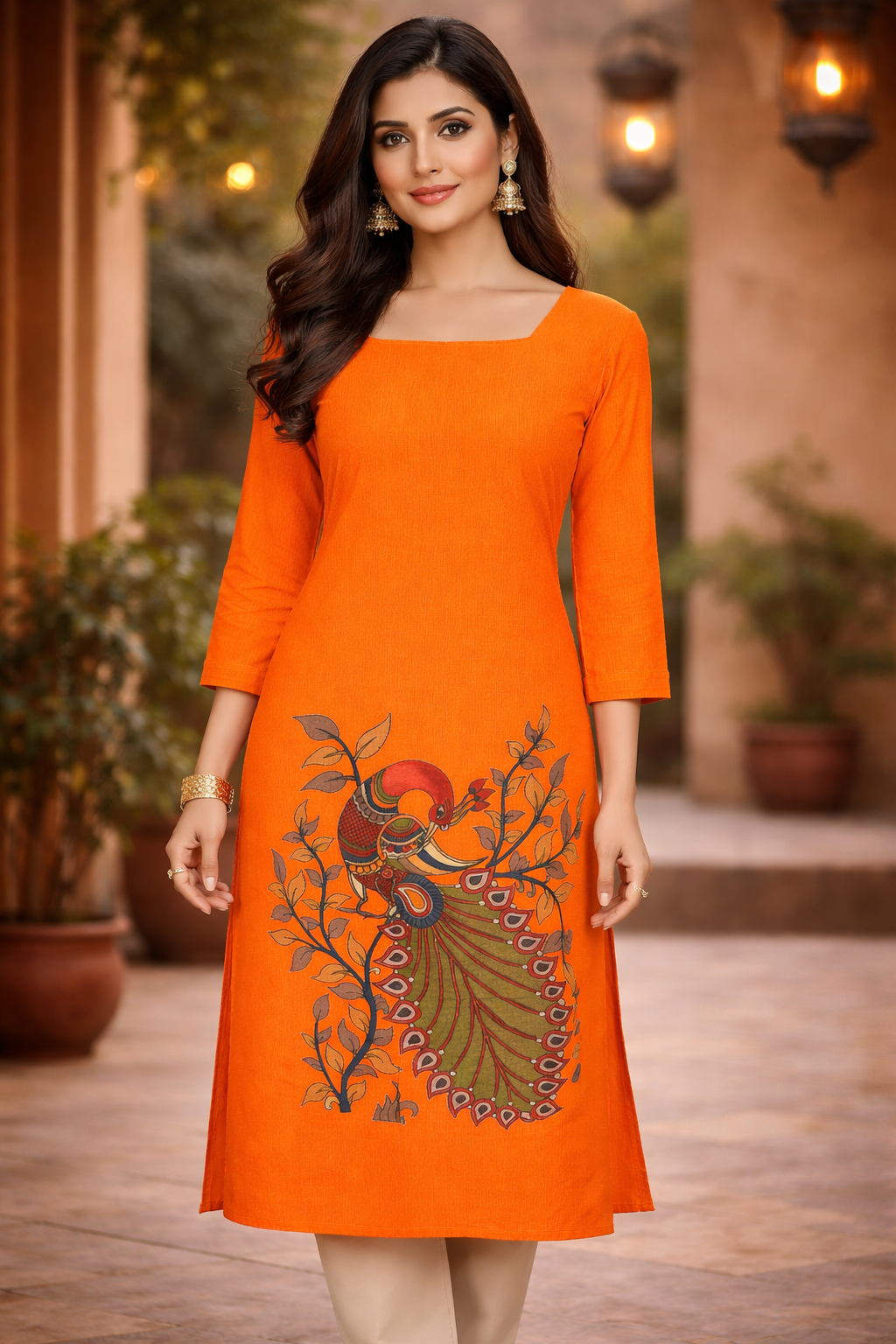 Mangalagiri Cotton Unstitched Kurti with Bangalore Silk Applique Work - Orange