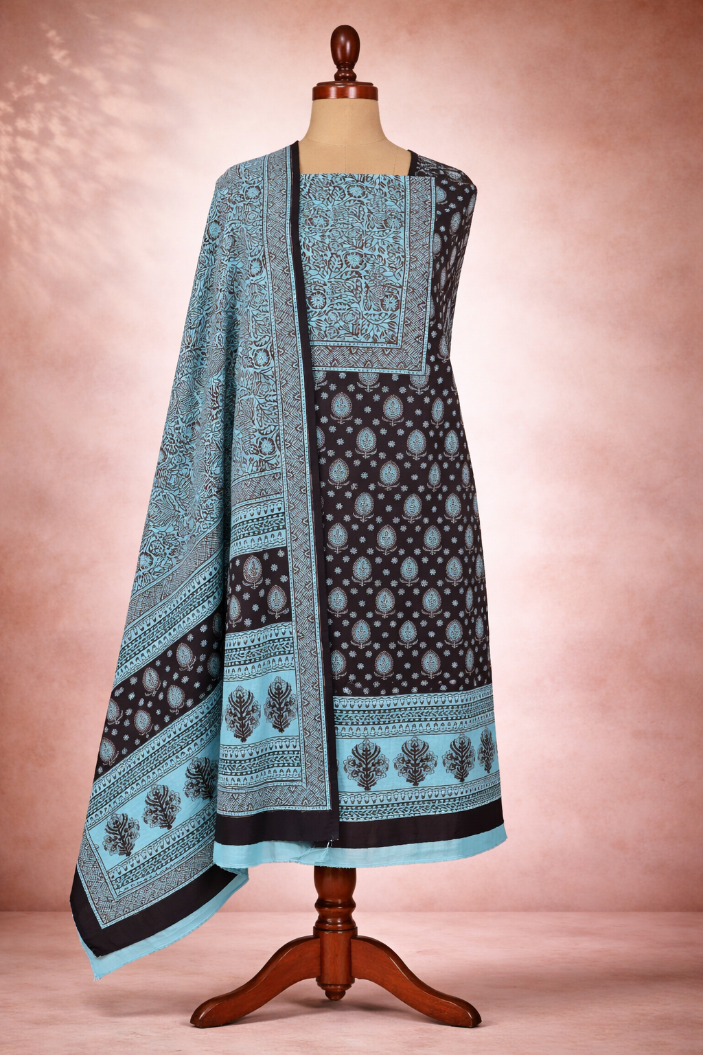Bagh Handblock Print Cotton Unstitched Suit- 3 Piece (Black & Blue)