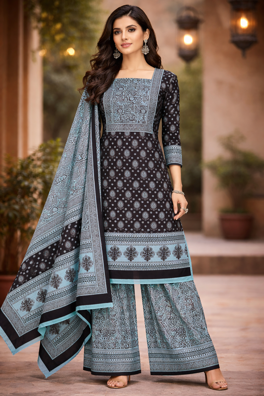 Bagh Handblock Print Cotton Unstitched Suit- 3 Piece (Black & Blue)