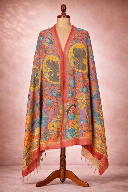 Pen Kalamkari Hand Painted  Bangalore Silk Dupatta- Mauve & Orange