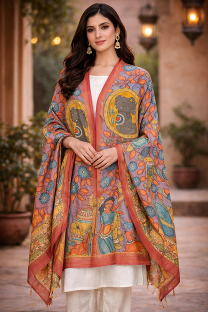 Pen Kalamkari Hand Painted  Bangalore Silk Dupatta- Mauve & Orange