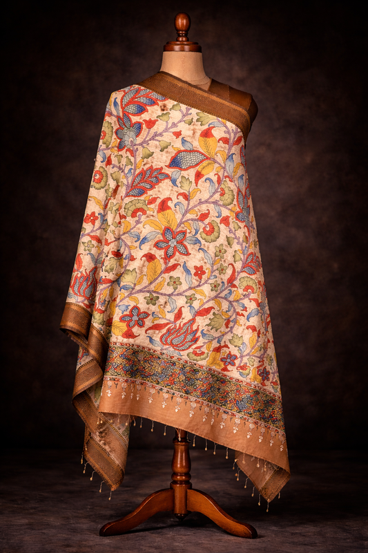 Pen Kalamkari Hand Painted  Floral Bangalore Silk Dupatta- Beige Multicolour