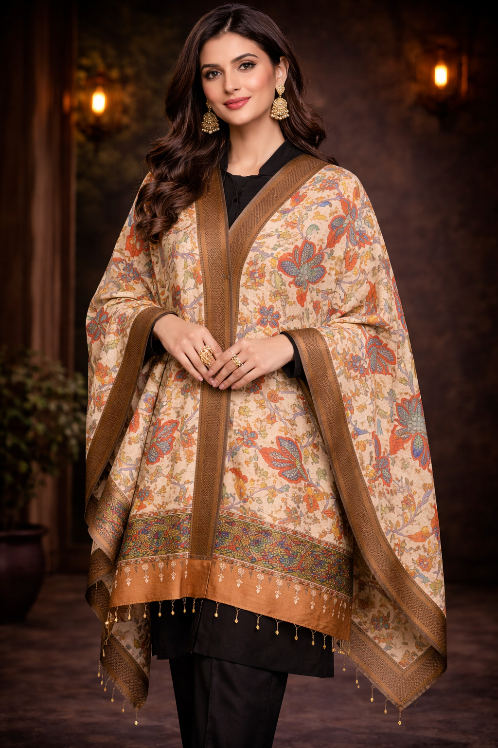 Pen Kalamkari Hand Painted  Floral Bangalore Silk Dupatta- Beige Multicolour