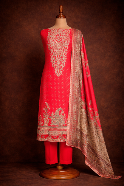 RAAS Pure Crepe Unstitched Suit- 3 Piece (Scarlet Red)