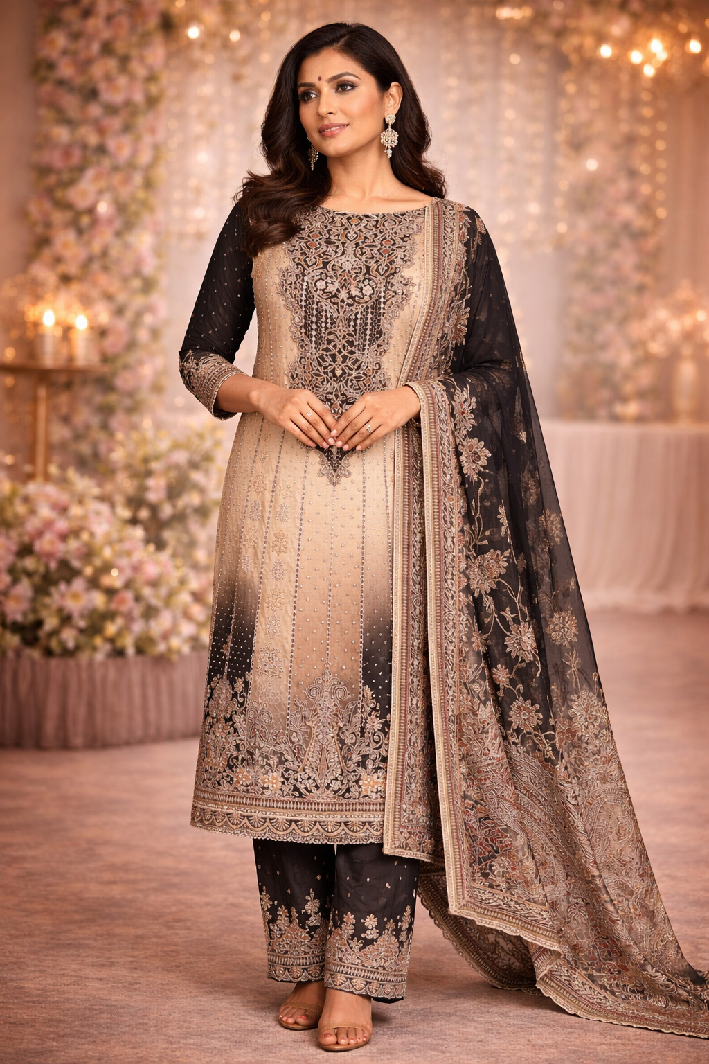 RAAS Pure Crepe Unstitched Suit- 3 Piece (Black & Beige) Anarkali Pattern