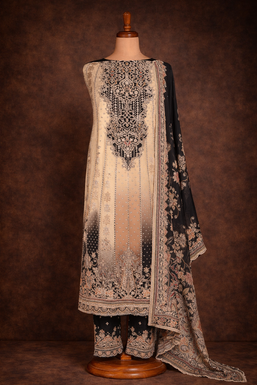 RAAS Pure Crepe Unstitched Suit- 3 Piece (Black & Beige) Anarkali Pattern