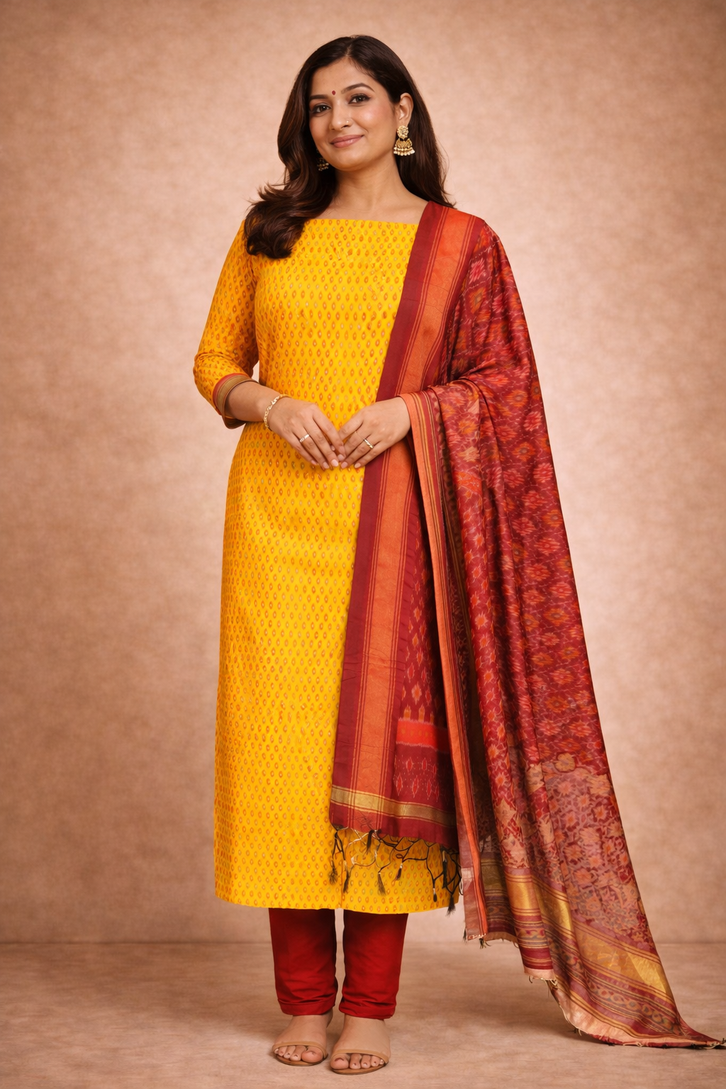 SICO Silk Top & Dupatta - 2 Pc(Yellow & Crimson Red)