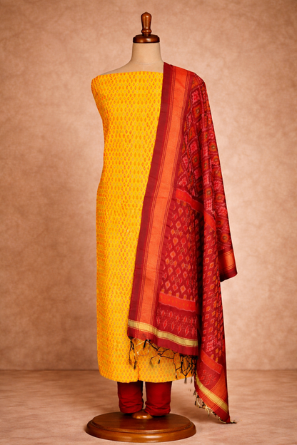 SICO Silk Top & Dupatta - 2 Pc(Yellow & Crimson Red)