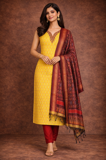 SICO Silk Top & Dupatta - 2 Pc(Golden Yellow & Maroon)