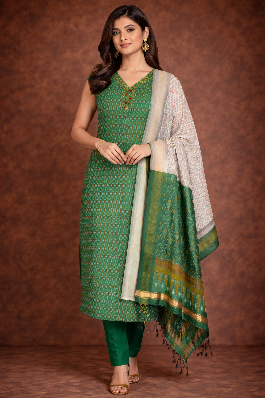 SICO Silk Top & Dupatta - 2 Pc(Green & Ivory)