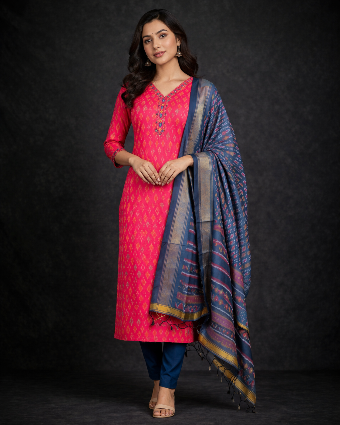 SICO Silk Top & Dupatta - 2 Pc(Fuchsia & Blue)