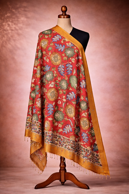 Pen Kalamkari Hand Painted  Bangalore Silk Dupatta- Crimson Red