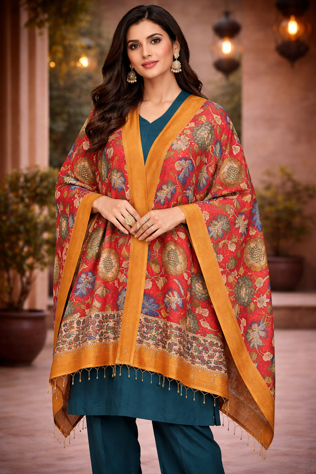 Pen Kalamkari Hand Painted  Bangalore Silk Dupatta- Crimson Red
