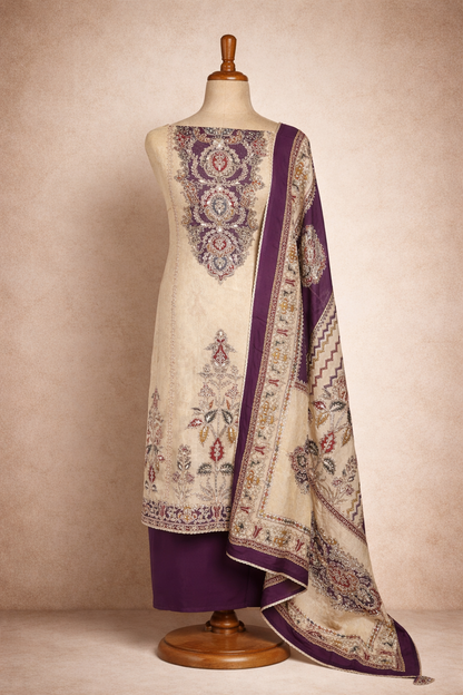 RAAS Soft Organza Sushi Silk Unstitched Suit- 3 Piece (Warm Beige)