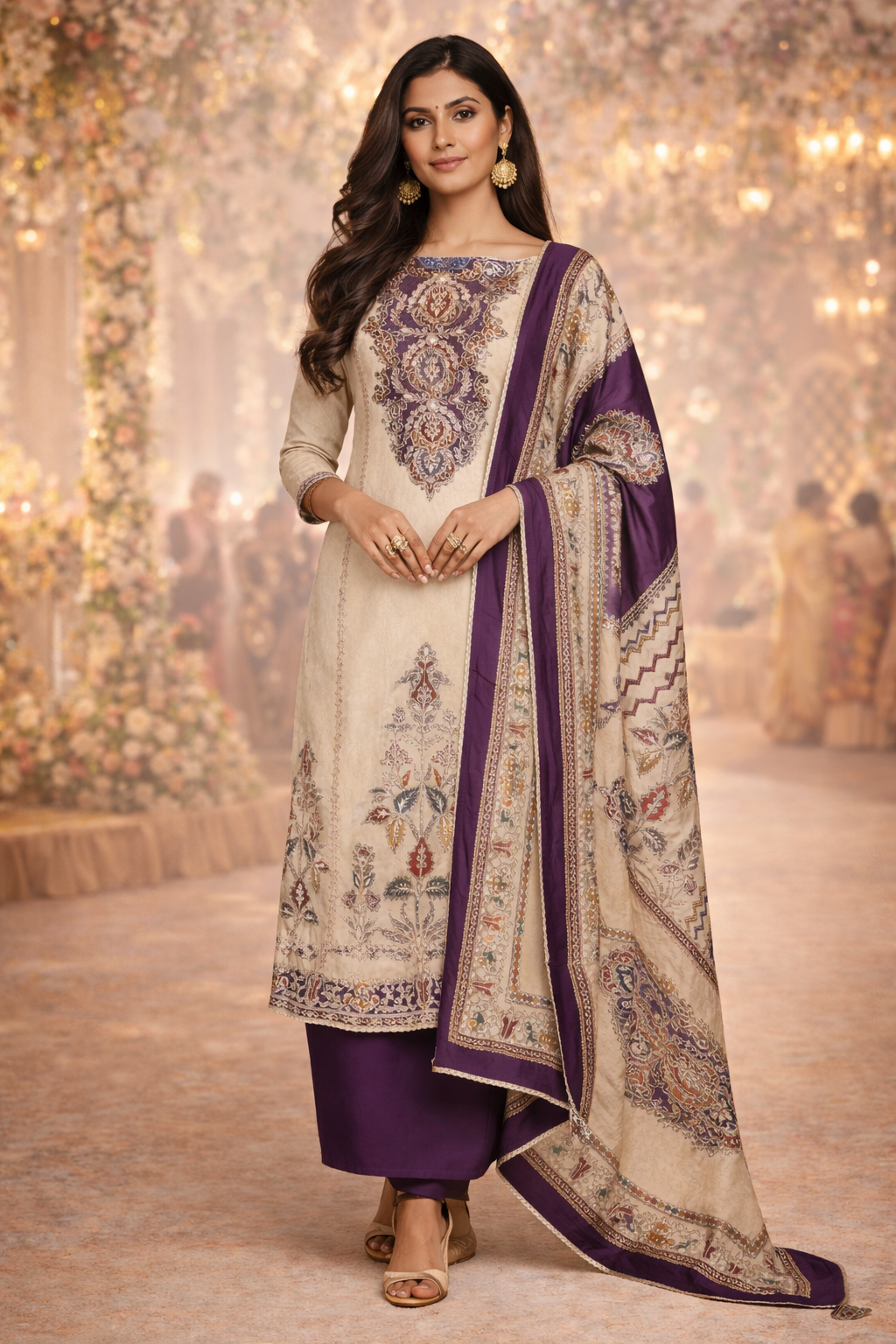 Woman in a traditional outfit with purple and white patterns in a decorated setting