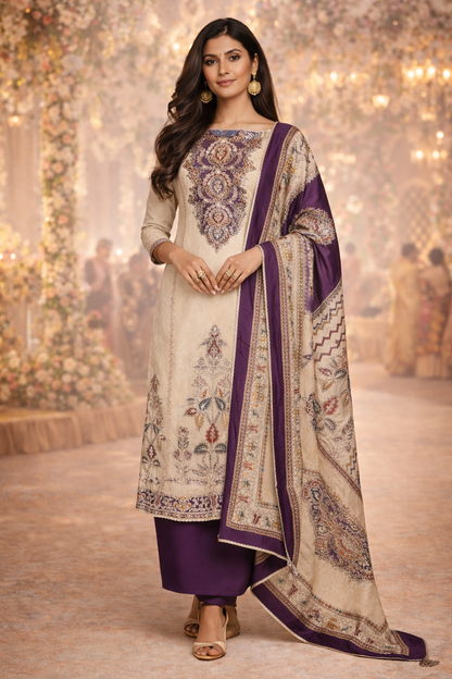 Woman in a traditional outfit with purple and white patterns in a decorated setting