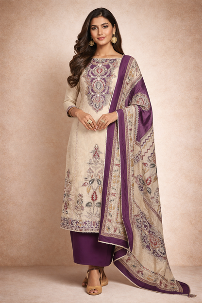 RAAS Soft Organza Sushi Silk Unstitched Suit- 3 Piece (Warm Beige)