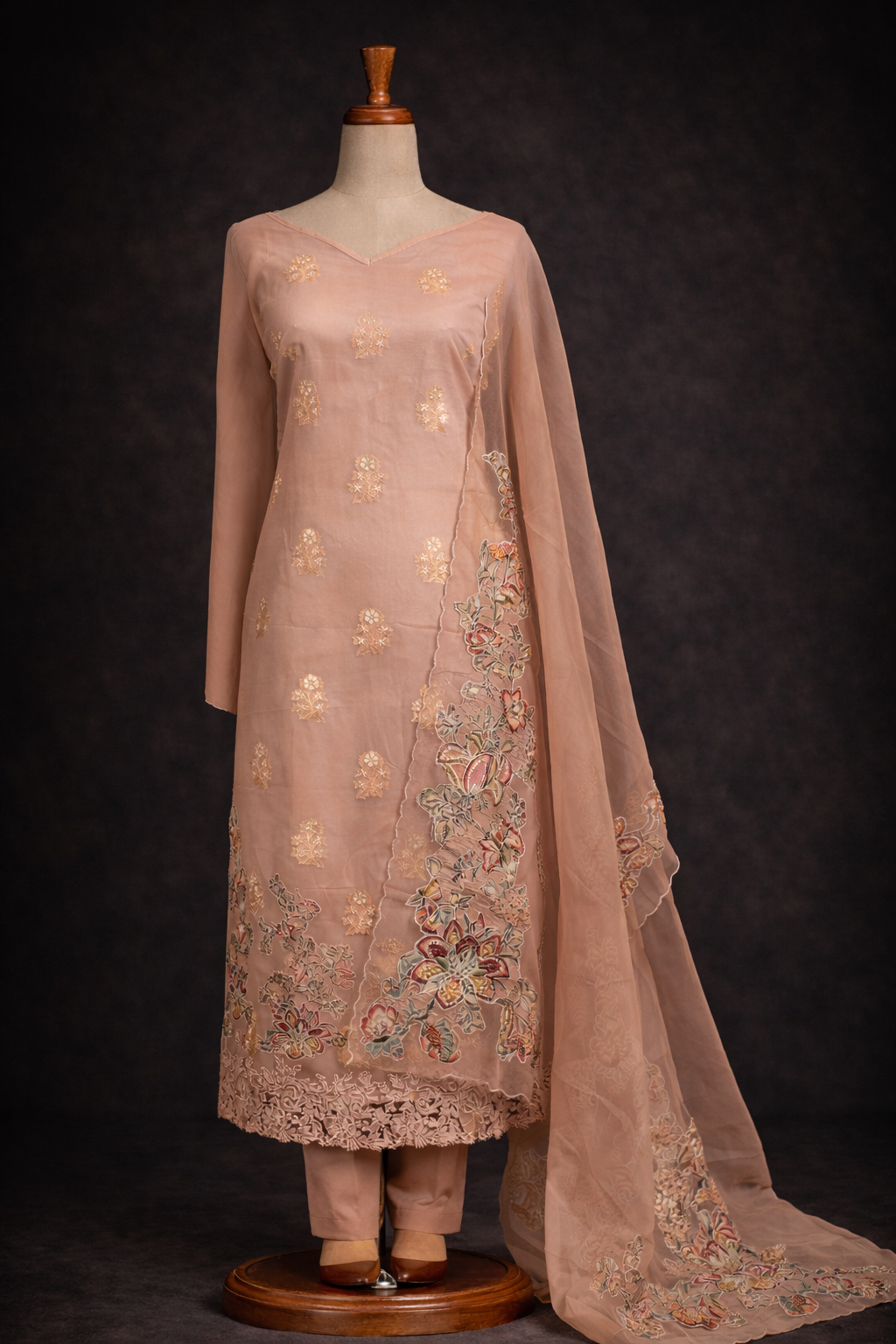 RAAS Pure Soft Organza with Applique Patch Unstitched Suit- 3 Piece (Nude Colour)