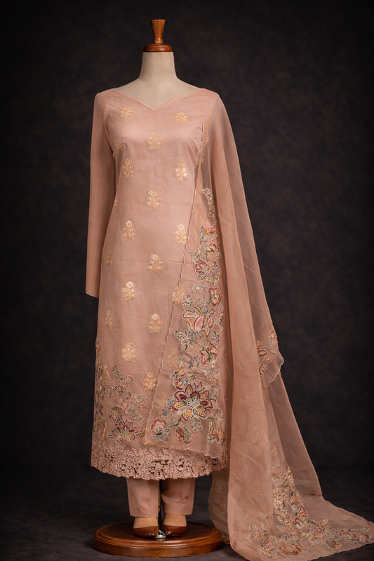 RAAS Pure Soft Organza with Applique Patch Unstitched Suit- 3 Piece (Nude Colour)